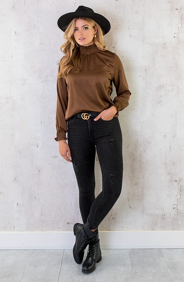 Satijnen Col Blouse Choco – shoparchief, foto 8