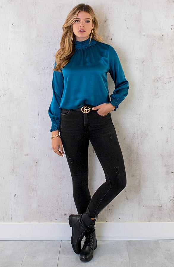 Satijnen Col Blouse Petrol – shoparchief, foto 8