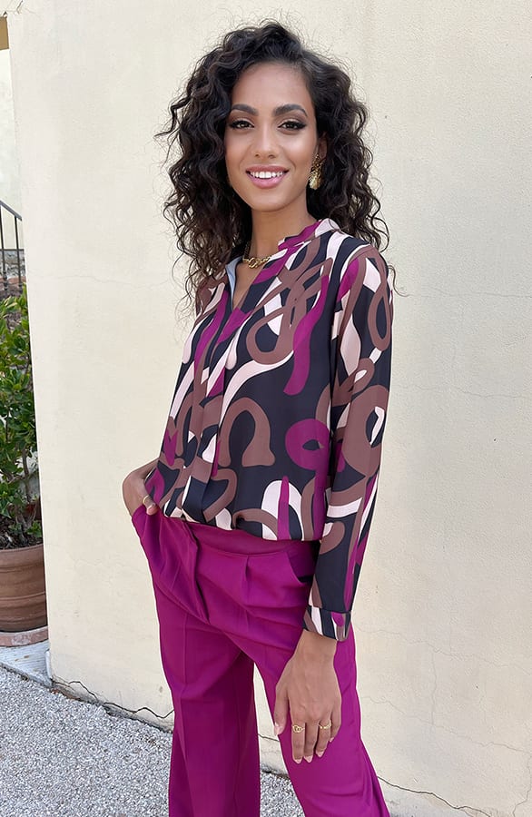 V-Hals Blouse Swirl Print Magenta Choco – shoparchief, foto 1