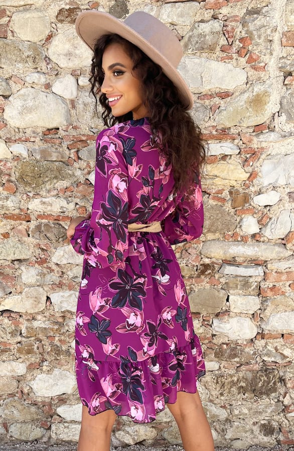 V-hals Jurk Paris Bloemen Magenta – shoparchief, foto 3