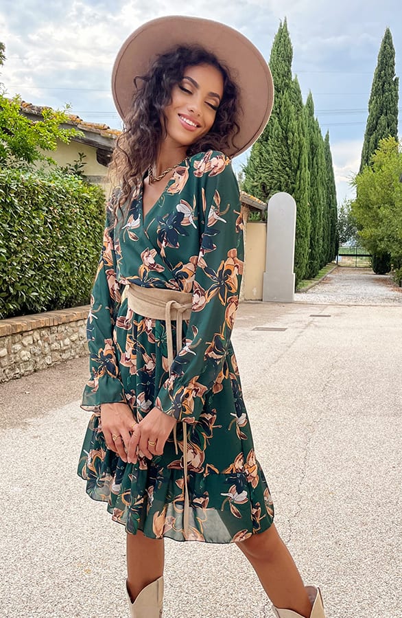 V-hals Jurk Paris Bloemen Smaragd – shoparchief, foto 3