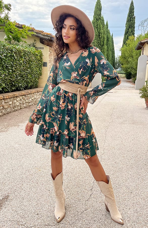 V-hals Jurk Paris Bloemen Smaragd – shoparchief, foto 4