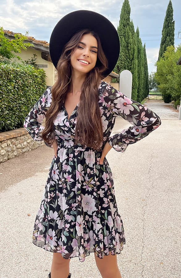 V-hals Jurk Paris Bloemen Zwart Roze – shoparchief, foto 1