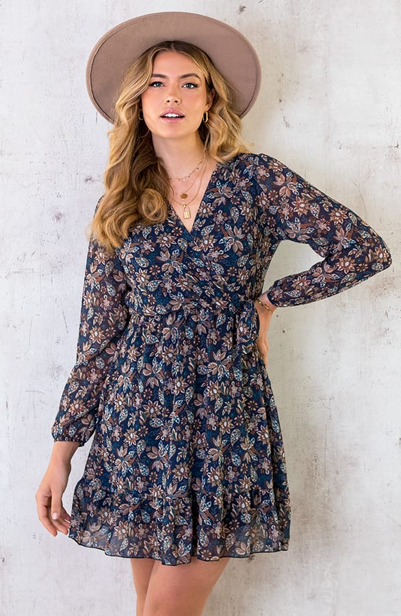 V-hals Strik Jurk Flower Blauw – shoparchief, foto 1