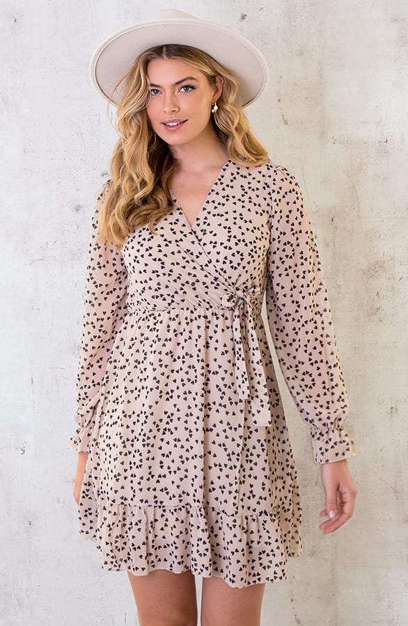 V-hals Strik Jurk Hartjes Beige – shoparchief, foto 1