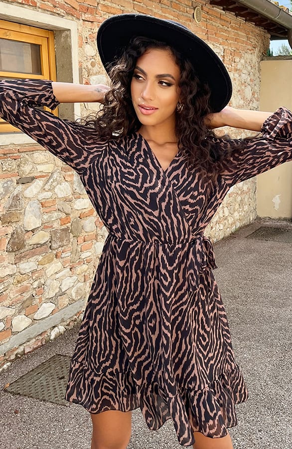V-hals Strik Jurk Zebra Camel – shoparchief, foto 9