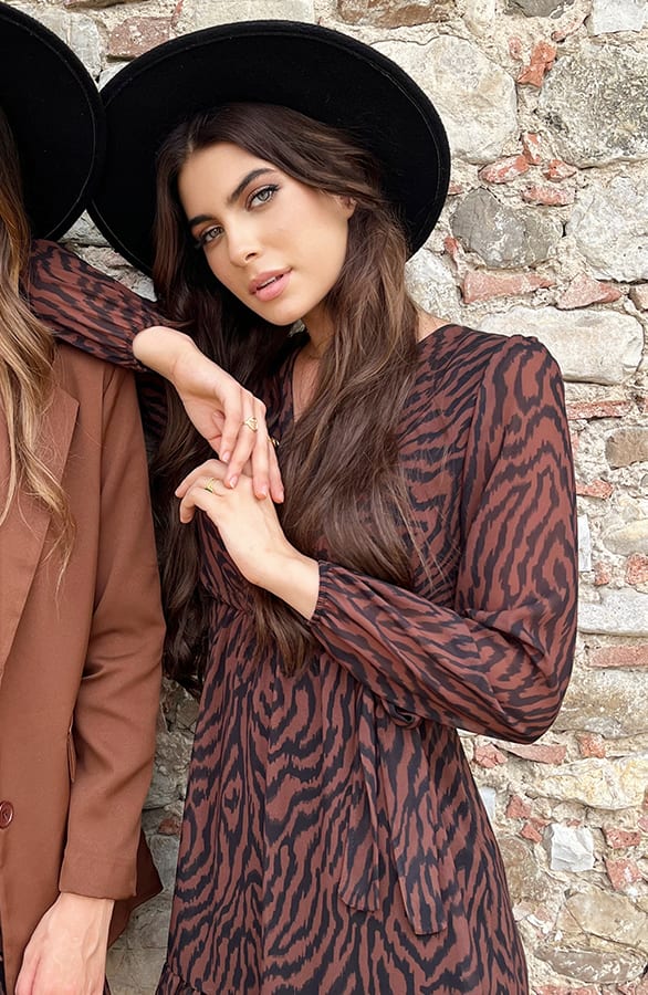 V-hals Strik Jurk Zebra Cognac – shoparchief, foto 8