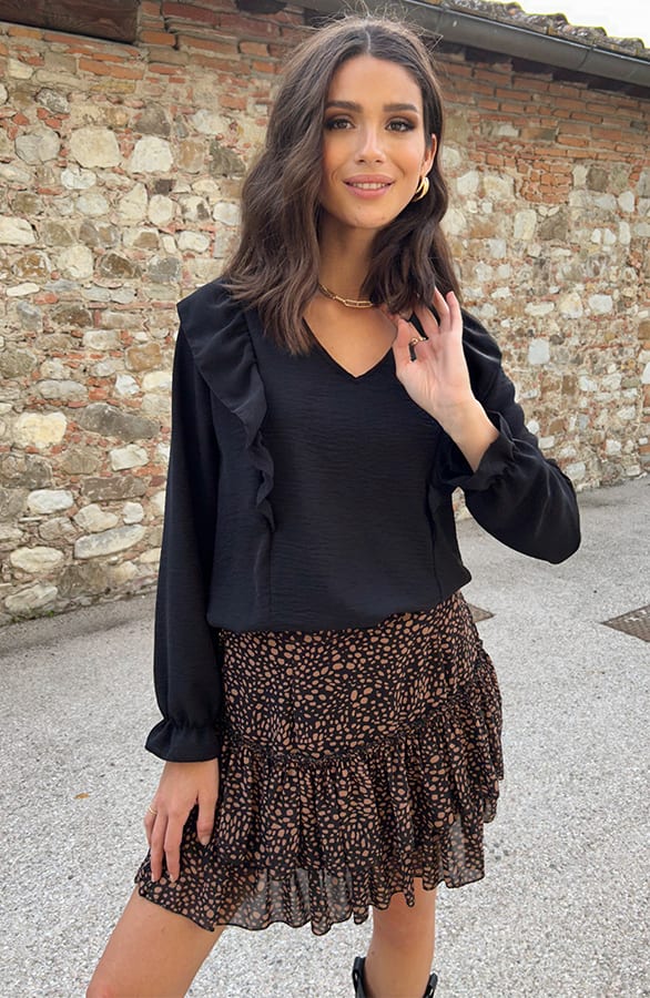 Basic V-hals Ruffle Blouse Zwart – shoparchief, foto 6