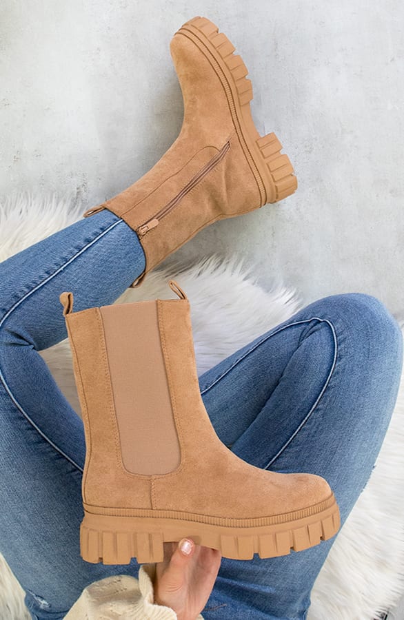 Hoge Chelsea Boots Suède Camel – shoparchief, foto 1