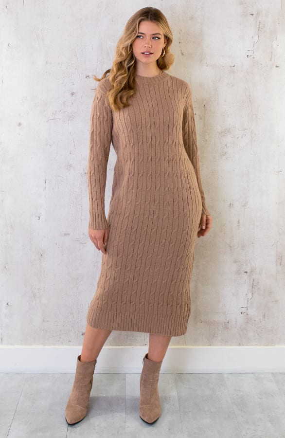 Knitted Dress Kabelpatroon Camel – shoparchief, foto 3