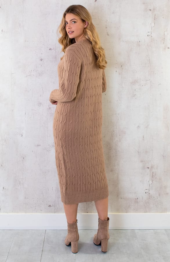 Knitted Dress Kabelpatroon Camel – shoparchief, foto 6