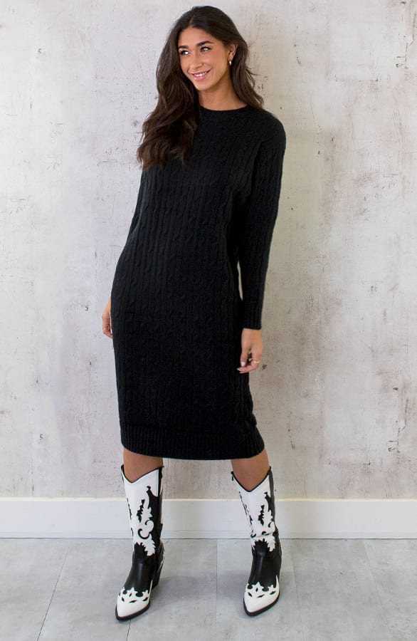 Knitted Dress Kabelpatroon Zwart – shoparchief, foto 3