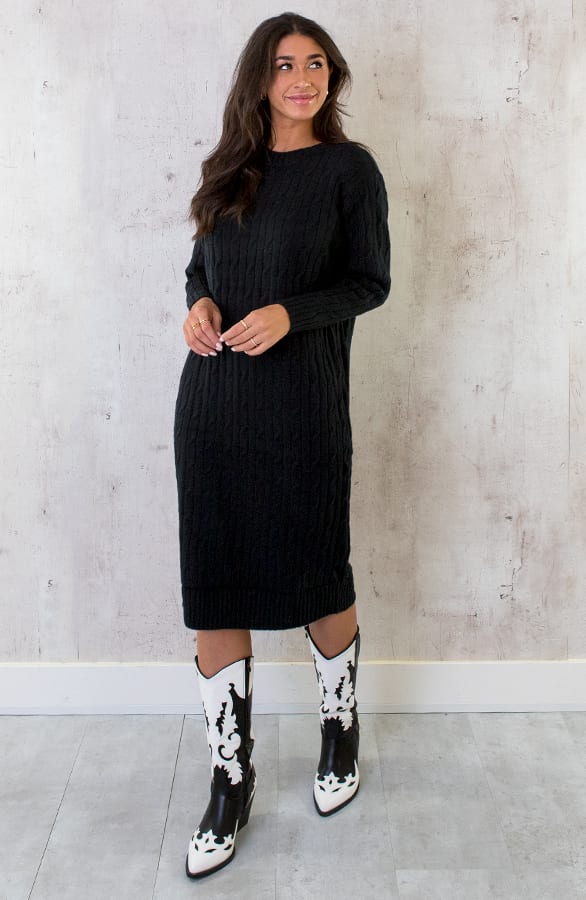 Knitted Dress Kabelpatroon Zwart – shoparchief, foto 4