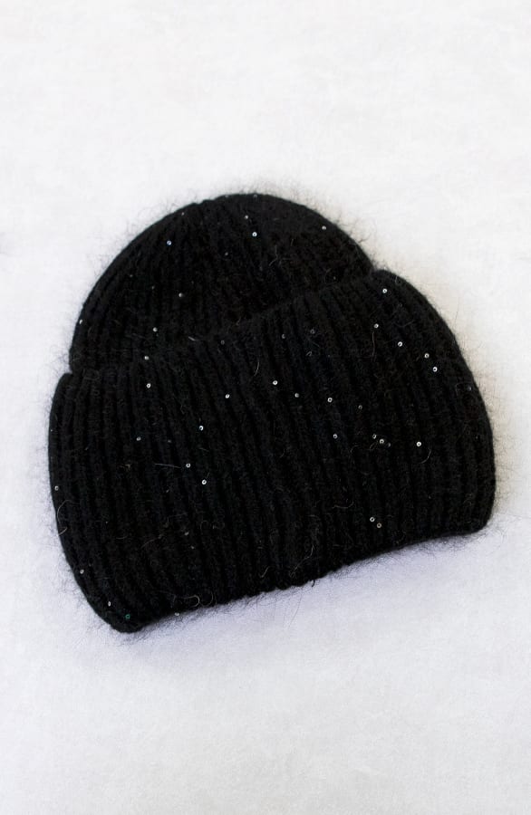 Knitted Pailletten Beanie Zwart – shoparchief, foto 1