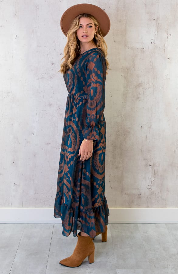 Maxi Ruffle Jurk Print Bruin Petrol – shoparchief, foto 6