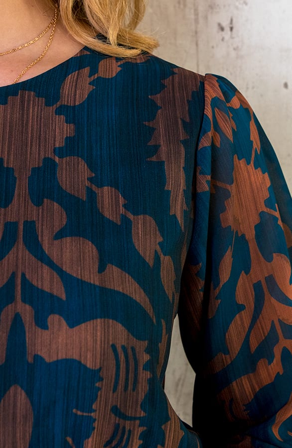 Maxi Ruffle Jurk Print Bruin Petrol – shoparchief, foto 8