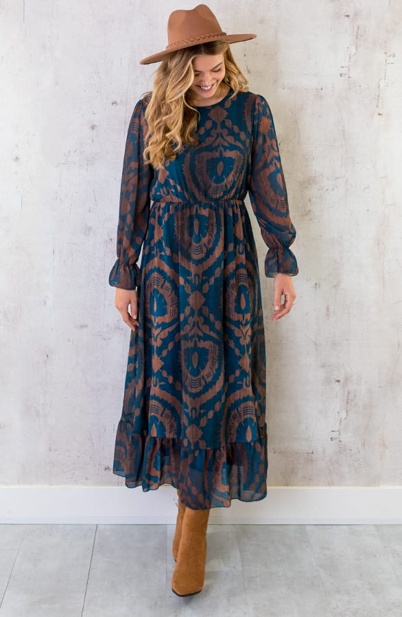 Maxi Ruffle Jurk Print Bruin Petrol – shoparchief, foto 5