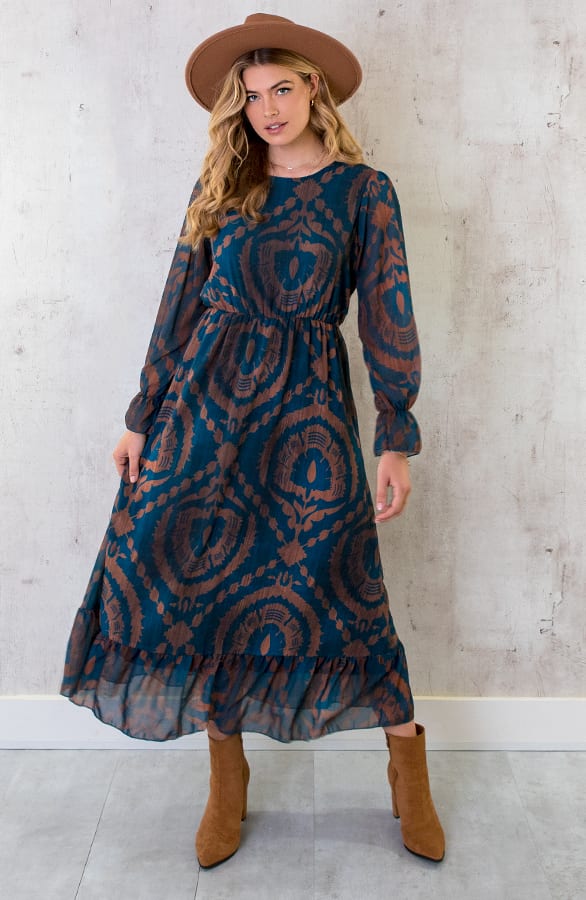 Maxi Ruffle Jurk Print Bruin Petrol – shoparchief, foto 3
