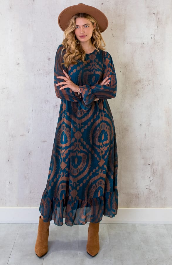Maxi Ruffle Jurk Print Bruin Petrol – shoparchief, foto 4