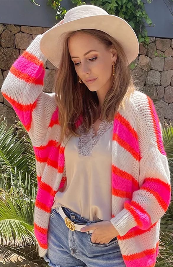 Oversized Knitted Strepen Vest Neon Roze Oranje – shoparchief, foto 1