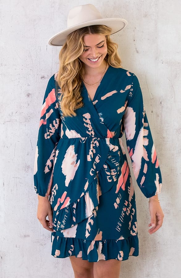 Overslag Print Jurk Petrol – shoparchief, foto 4