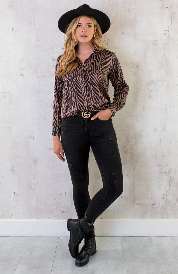 Silk Zebra Blouse Camel – shoparchief, foto 8