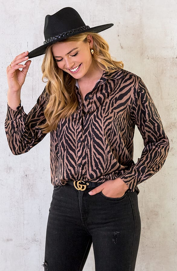 Silk Zebra Blouse Camel – shoparchief, foto 2