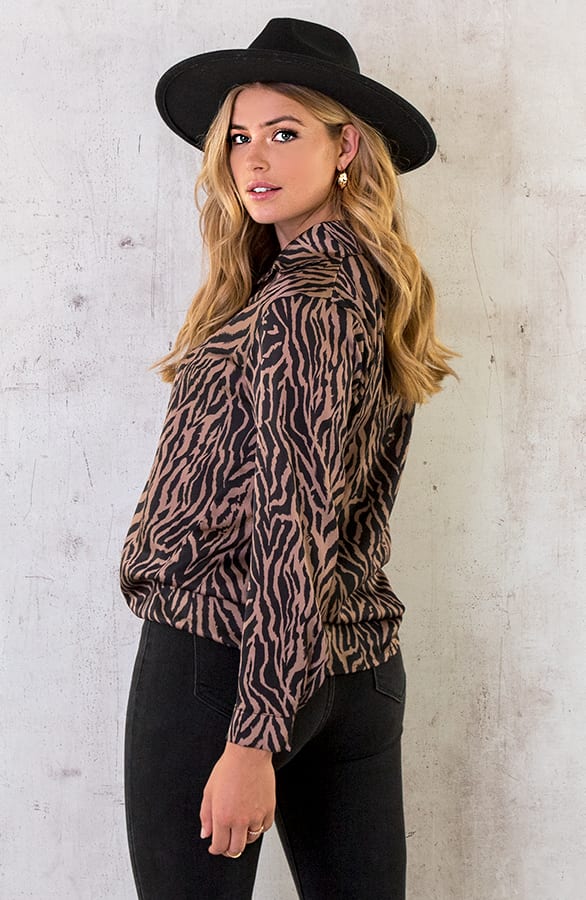 Silk Zebra Blouse Camel – shoparchief, foto 6
