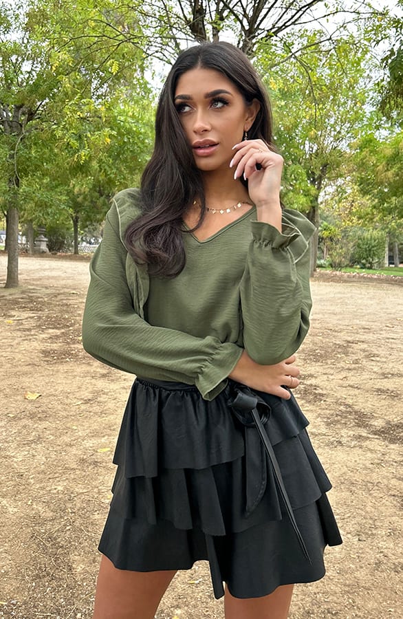 Basic V-hals Ruffle Blouse Army – shoparchief, foto 3