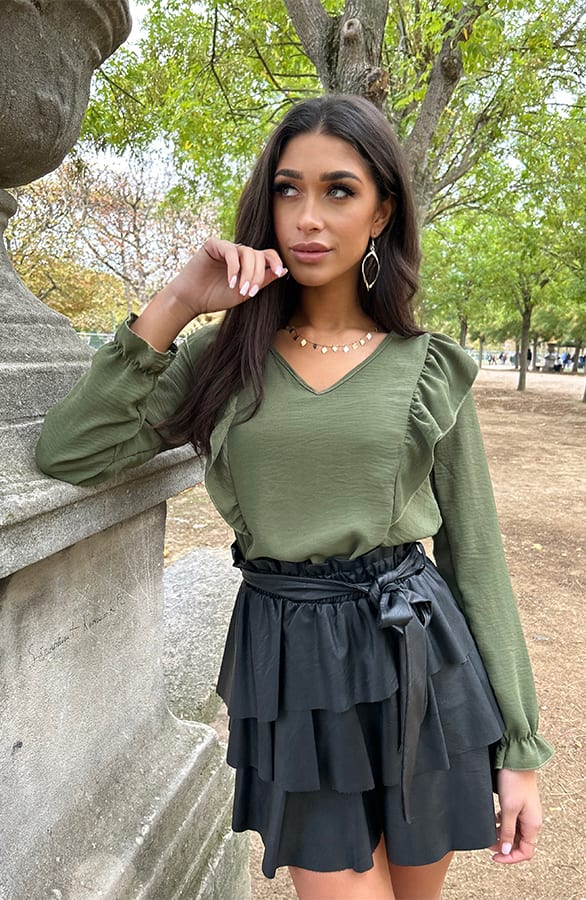 Basic V-hals Ruffle Blouse Army – shoparchief, foto 1