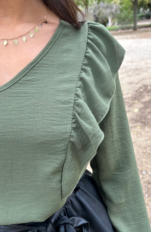 Basic V-hals Ruffle Blouse Army – shoparchief, foto 6
