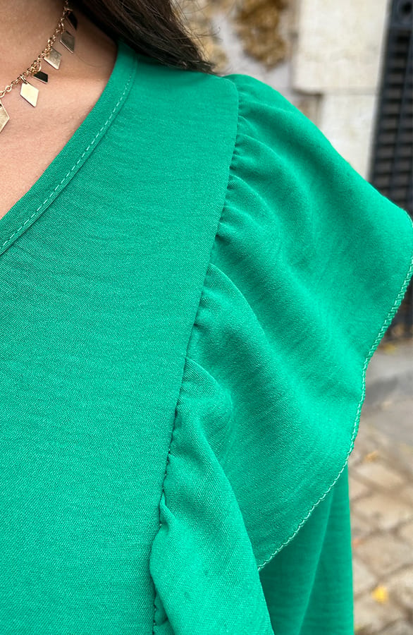 Basic V-hals Ruffle Blouse Bright Green – shoparchief, foto 5