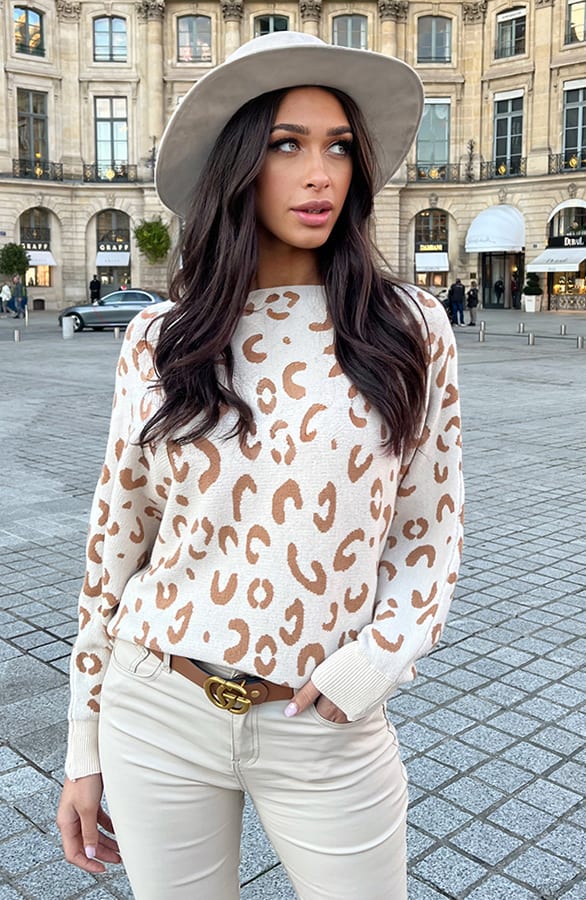 Leopard Oversized Trui Ecru Camel – shoparchief, foto 1