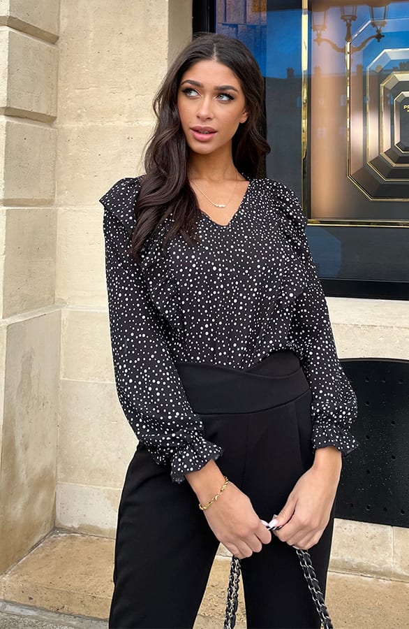 Polkadot Ruffle Blouse Zwart – shoparchief, foto 1