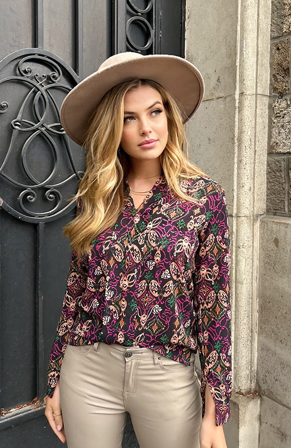 V-hals Print Blouse Zwart Magenta – shoparchief, foto 2