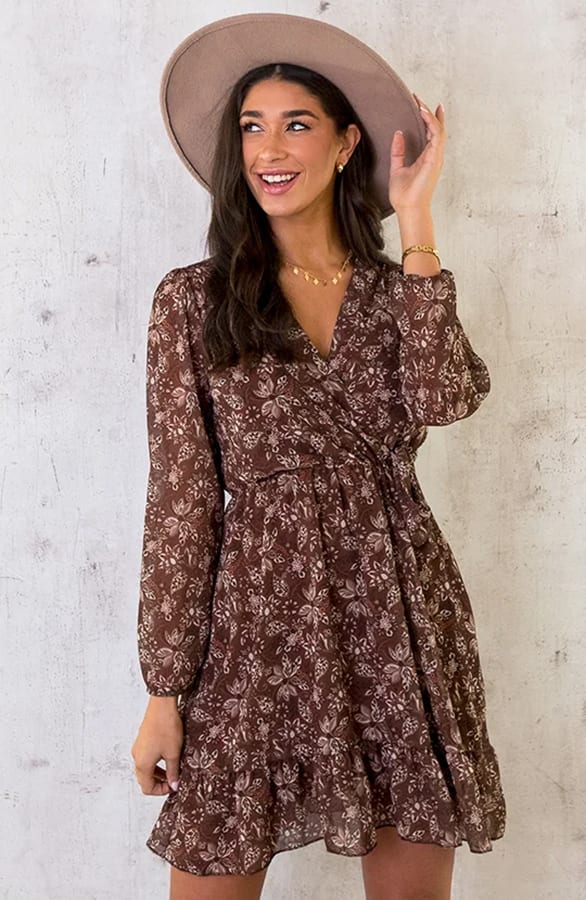 V-hals Strik Jurk Flower Choco – shoparchief, foto 1
