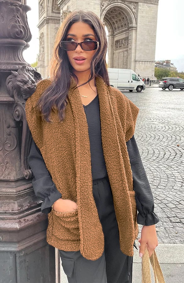 Teddy Gilet Met Schouderdetail Camel – shoparchief, foto 1