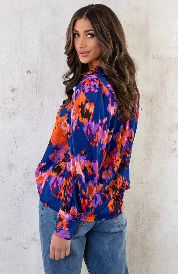 Knopen Print Blouse Kobalt Oranje – shoparchief, foto 6