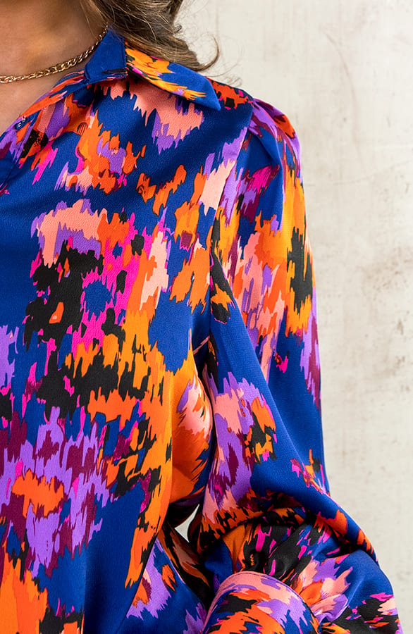 Knopen Print Blouse Kobalt Oranje – shoparchief, foto 8