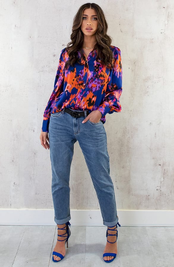Knopen Print Blouse Kobalt Oranje – shoparchief, foto 7