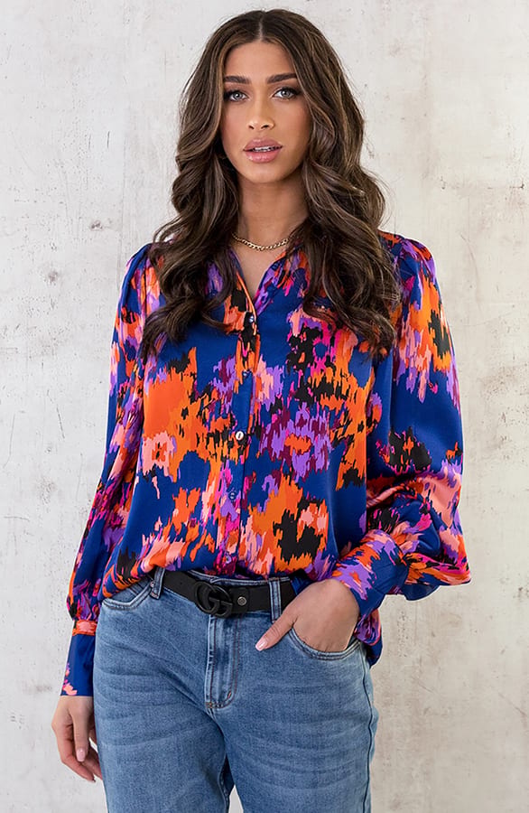 Knopen Print Blouse Kobalt Oranje – shoparchief, foto 4