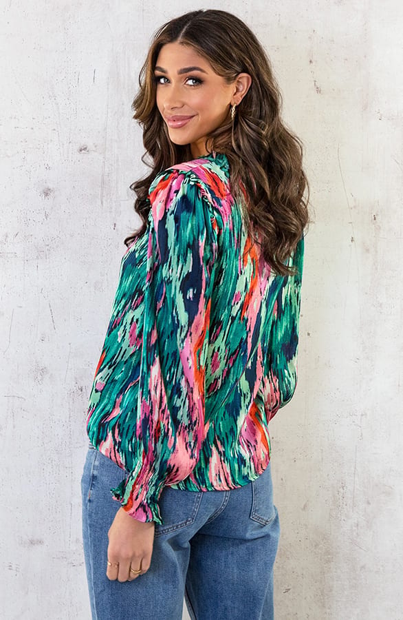 Ruches Print Blouse Groen Roze – shoparchief, foto 3