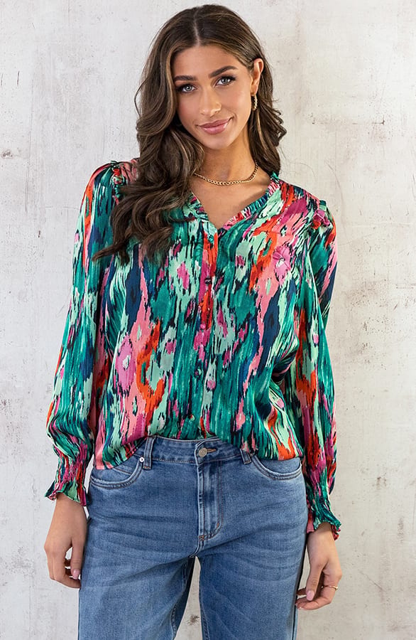 Ruches Print Blouse Groen Roze – shoparchief, foto 1