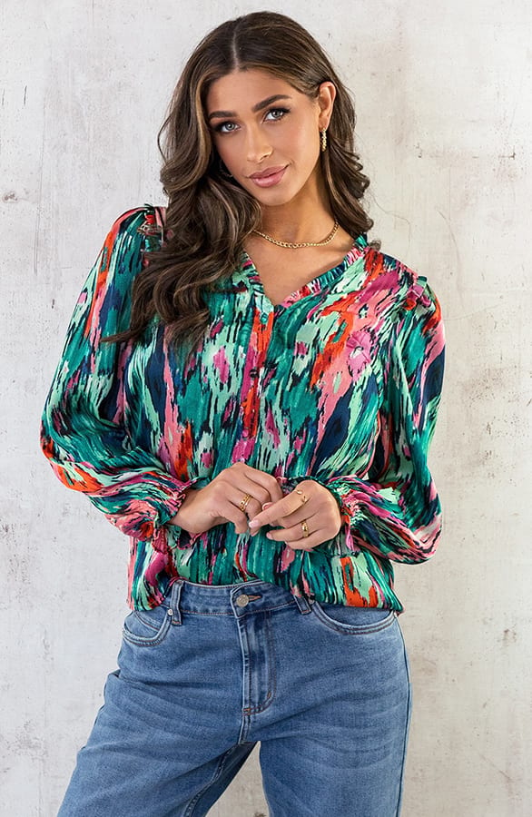 Ruches Print Blouse Groen Roze – shoparchief, foto 2