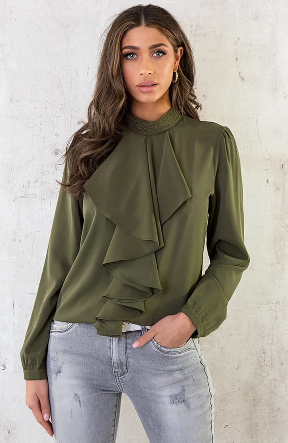 Silky Ruffle Kraag Blouse Army – shoparchief, foto 2