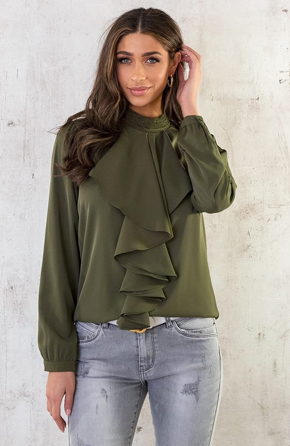 Silky Ruffle Kraag Blouse Army – shoparchief, foto 3