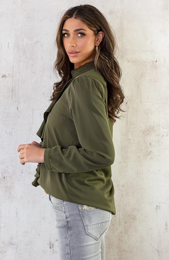 Silky Ruffle Kraag Blouse Army – shoparchief, foto 4