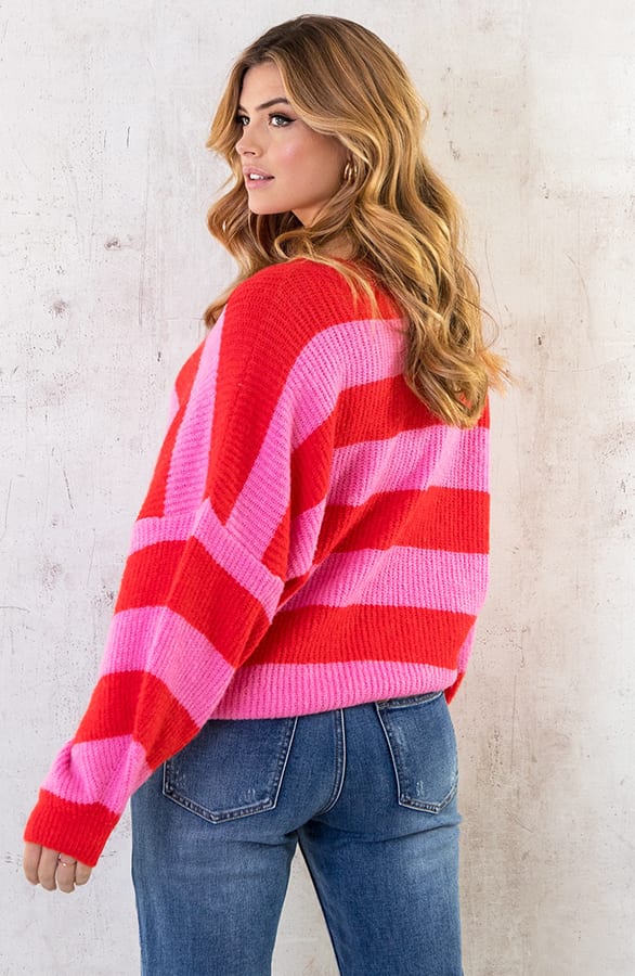 Strepen Trui Gebreid Roze Rood – shoparchief, foto 5
