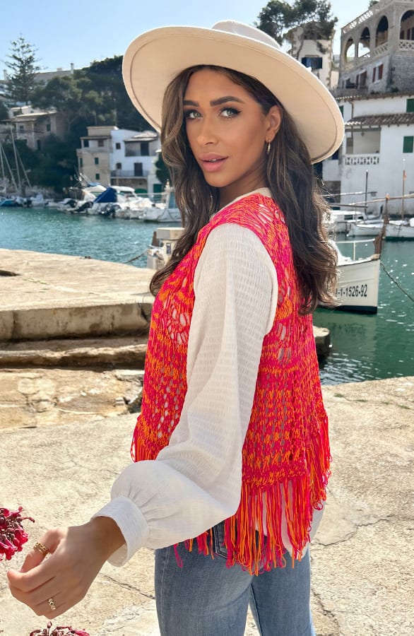 Gehaakt Gilet Fringe Fuchsia Oranje – shoparchief, foto 8