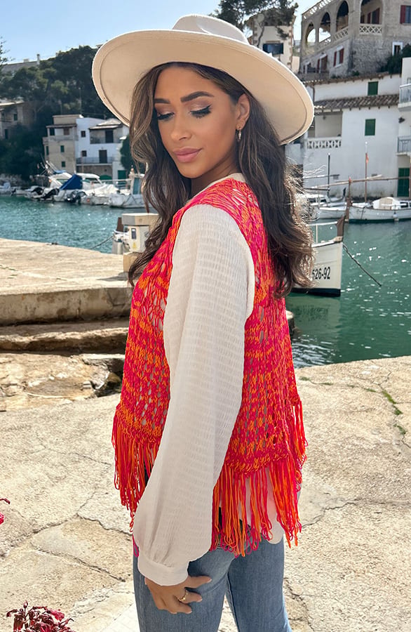 Gehaakt Gilet Fringe Fuchsia Oranje – shoparchief, foto 9